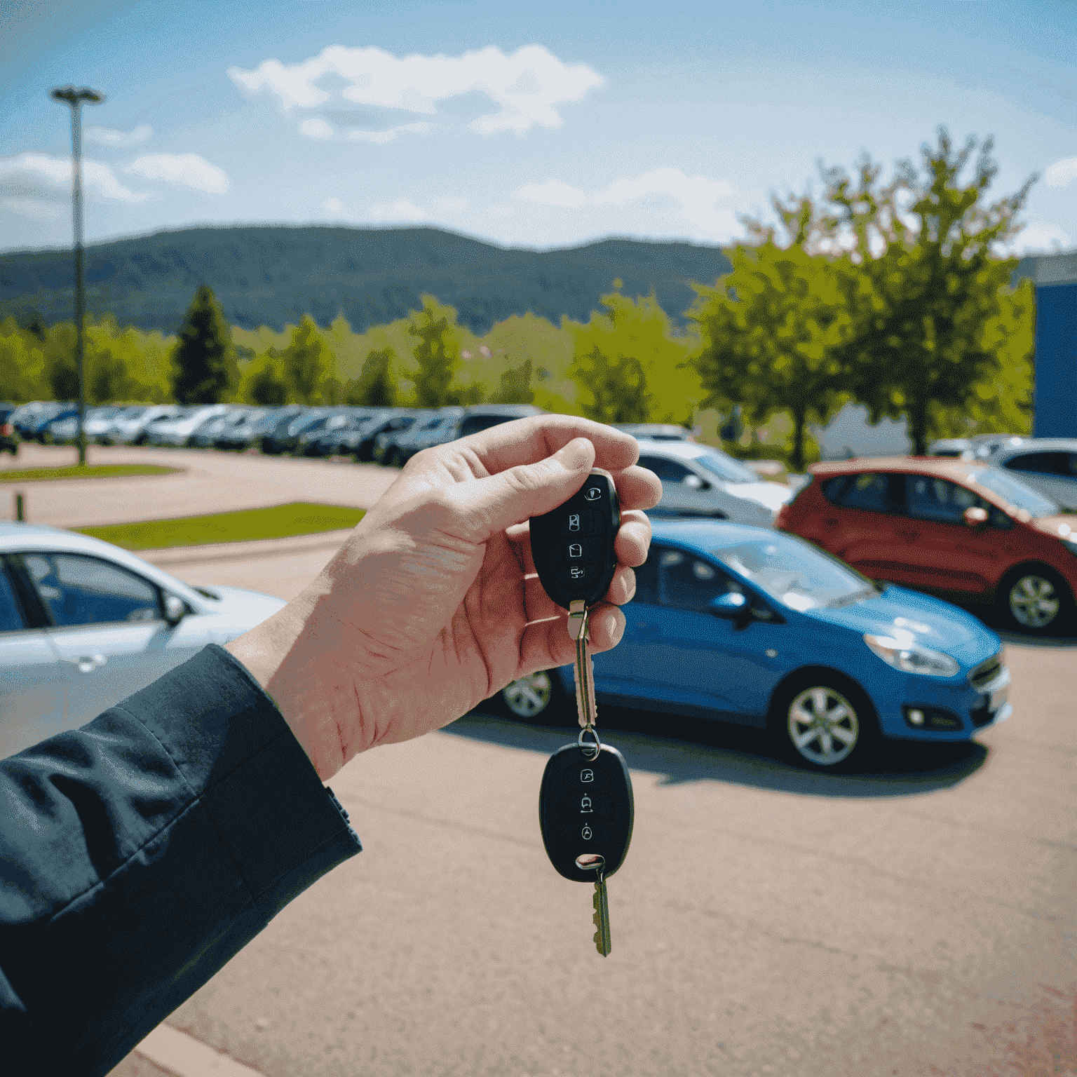 A person holding car keys with a rental car in the background