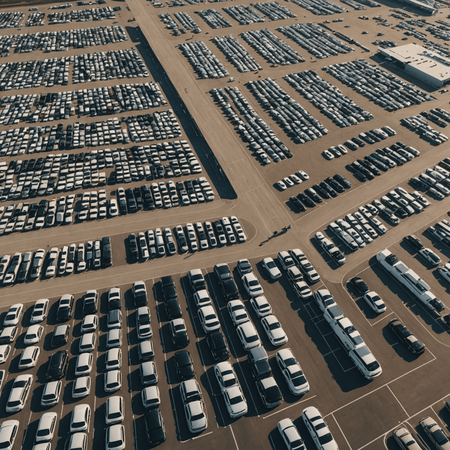 Aerial view of a large airport parking lot filled with cars