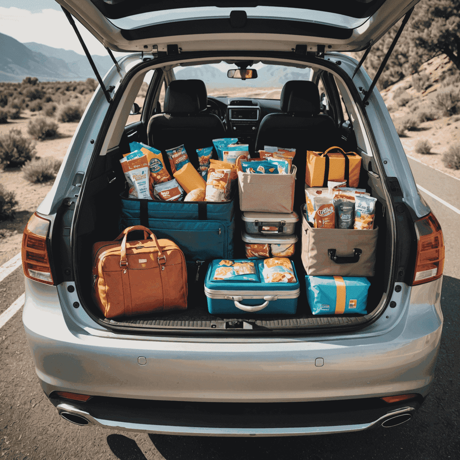 Car interior packed with luggage, snacks, and travel essentials for a road trip