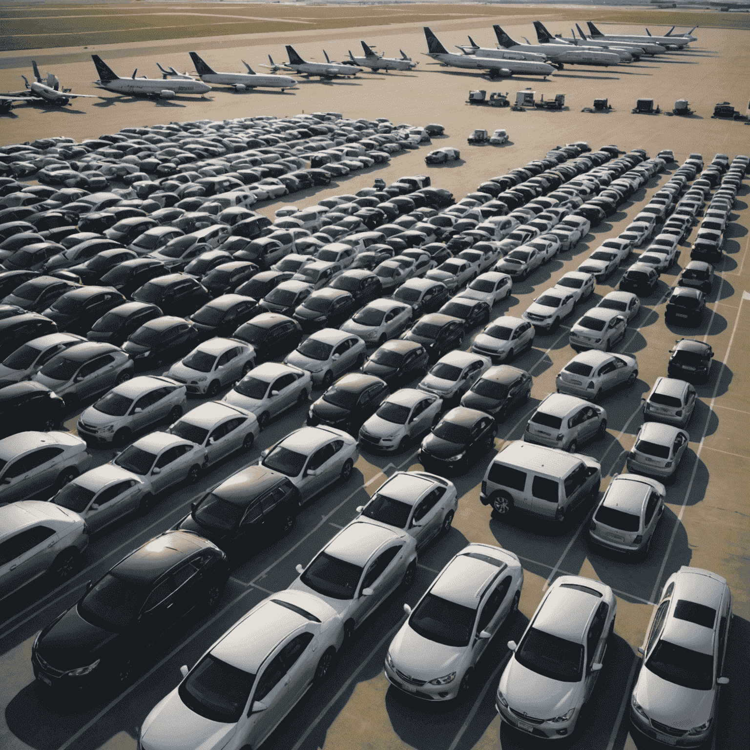 A long-term airport parking lot with many parked cars