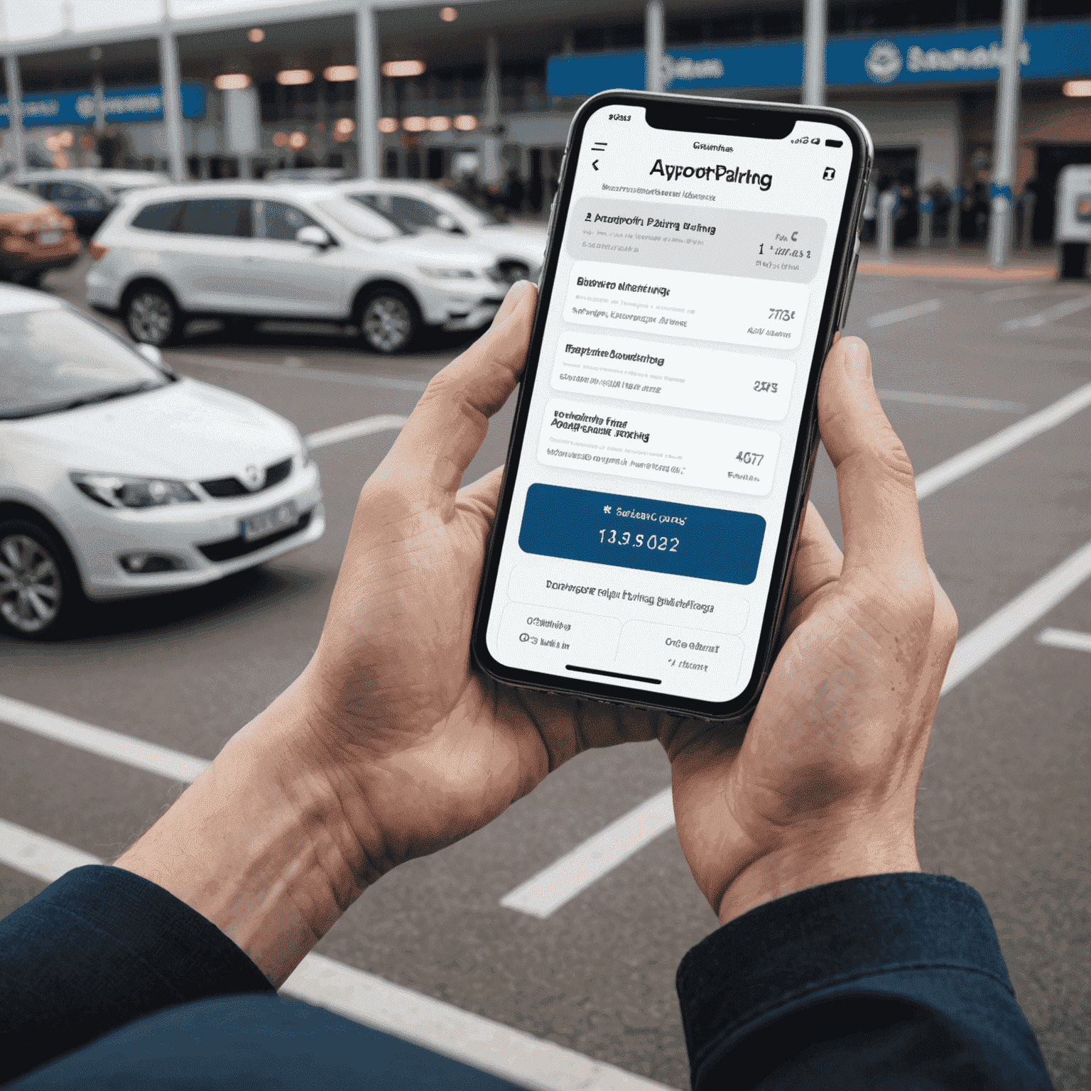 A person using a smartphone to book airport parking online