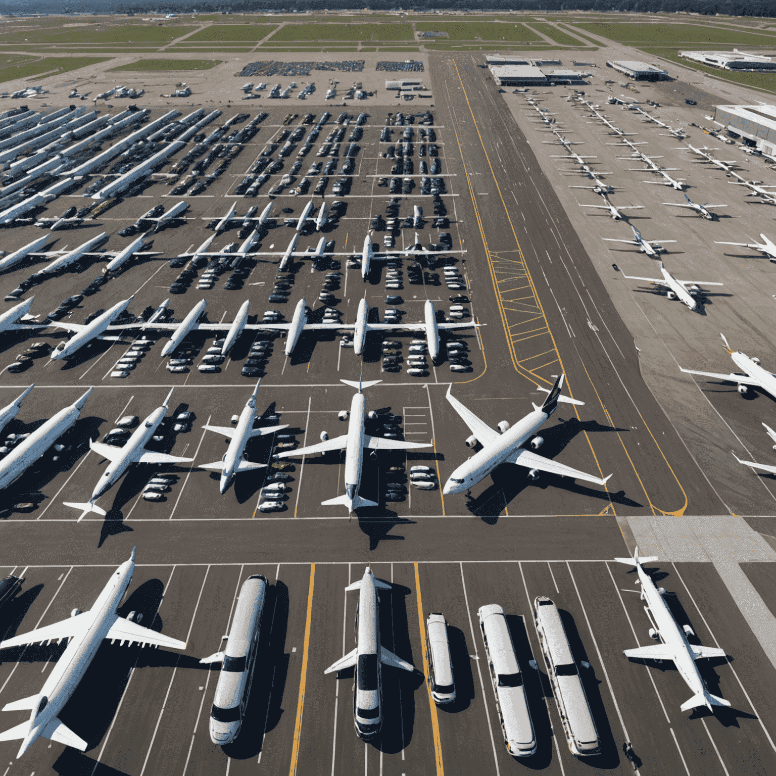 An aerial view of a large airport parking lot with many cars parked and a plane taking off in the background.