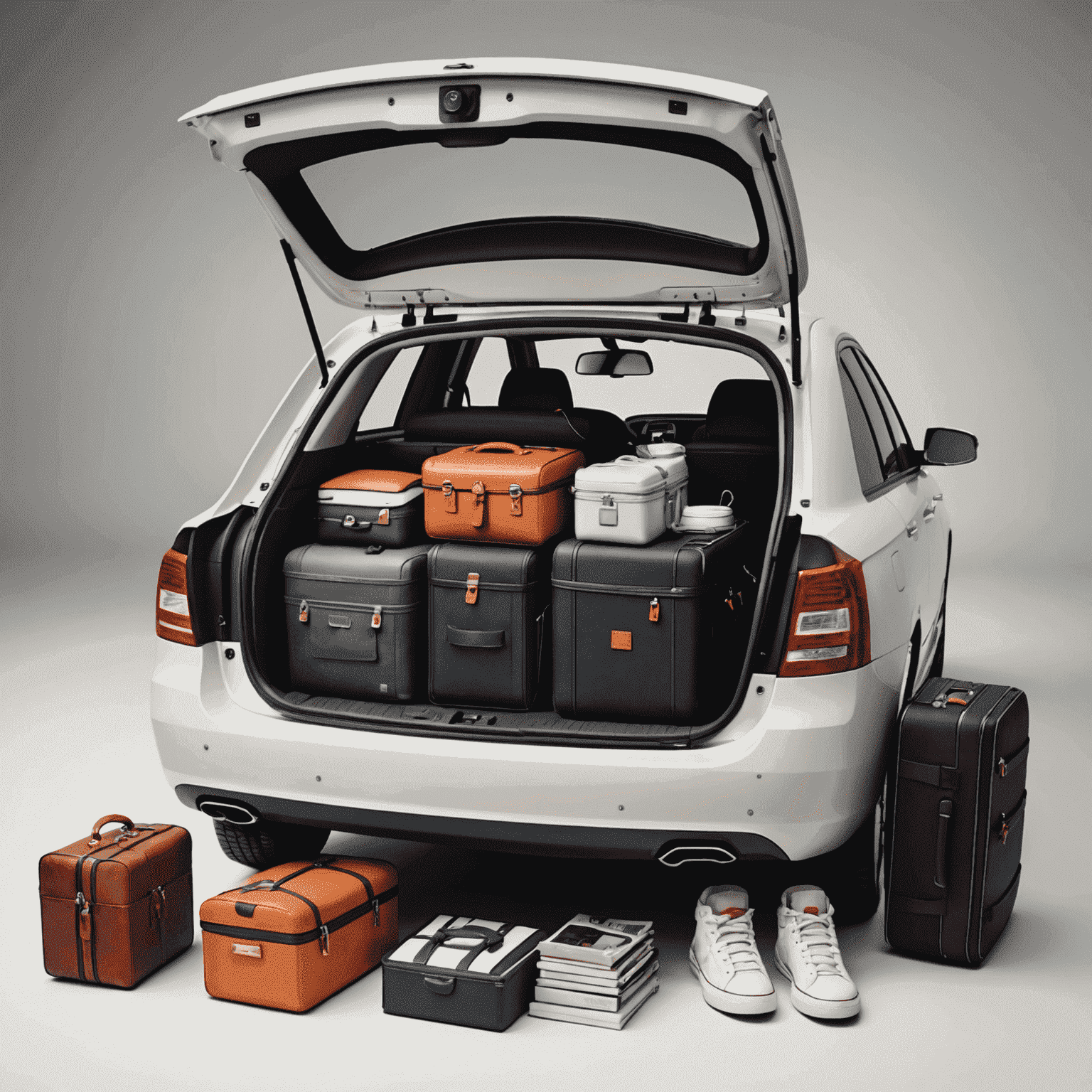 An open car trunk packed with luggage and travel essentials