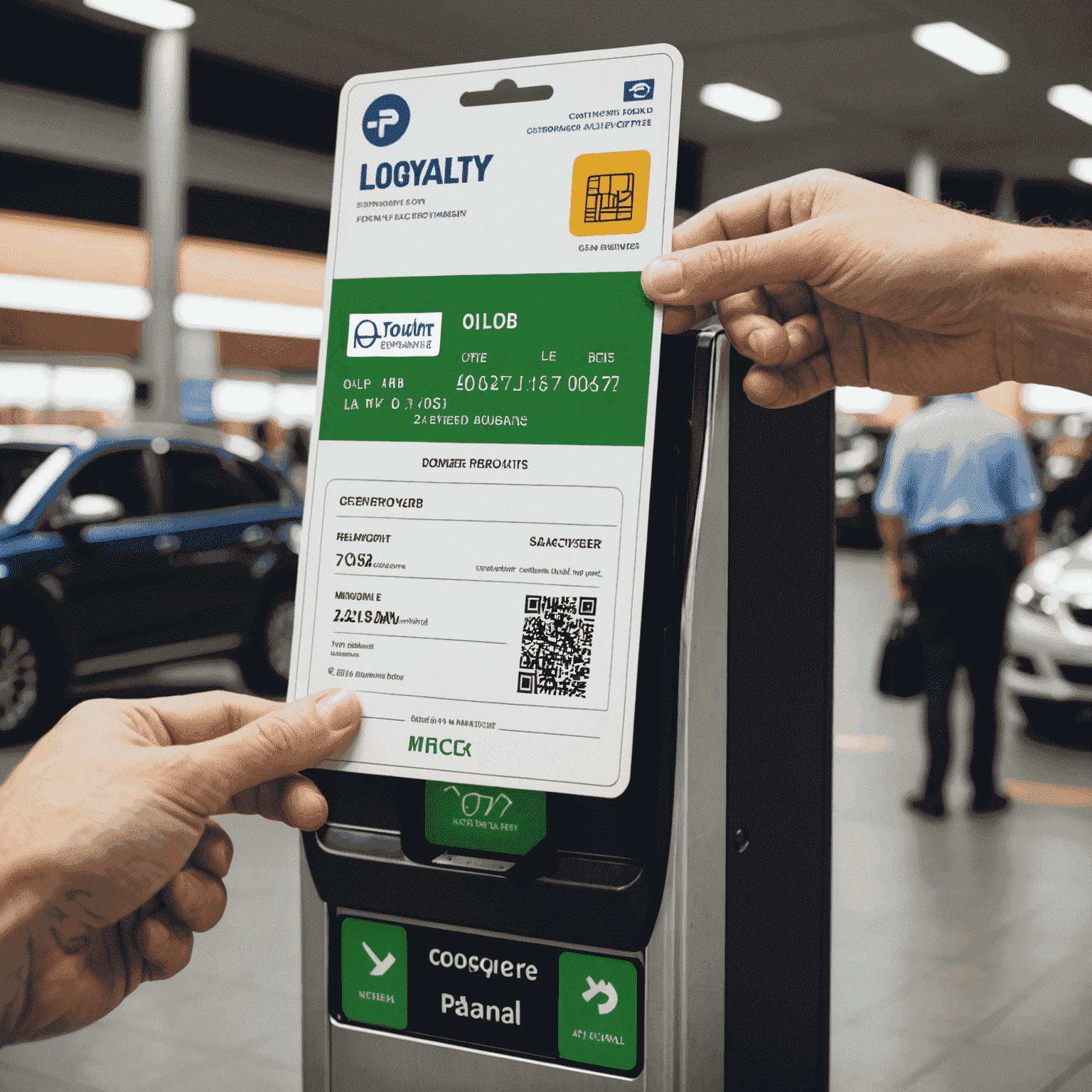 A loyalty program member card being used at an airport parking kiosk