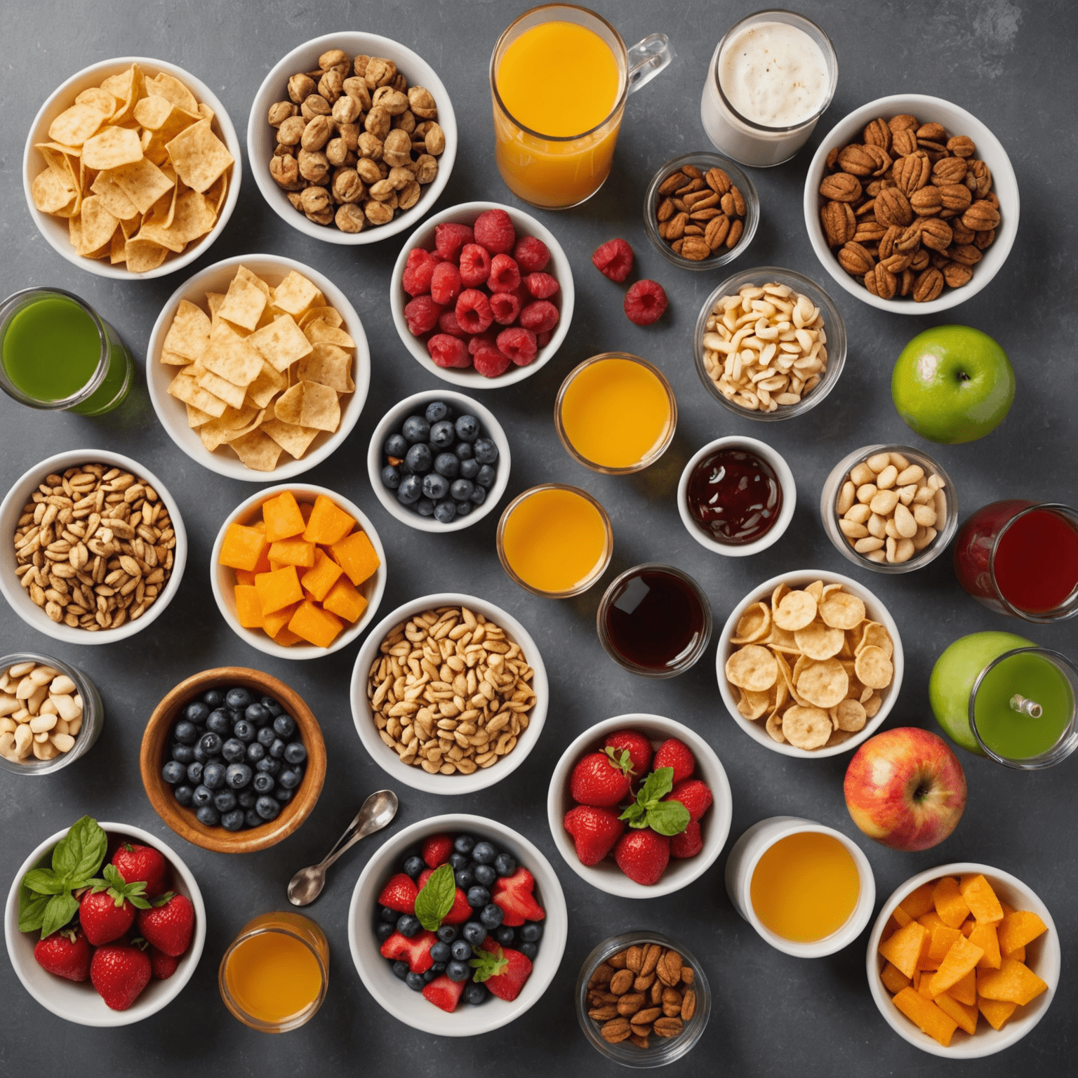 Overhead view of various healthy snacks and drinks laid out, ready to be packed for a road trip