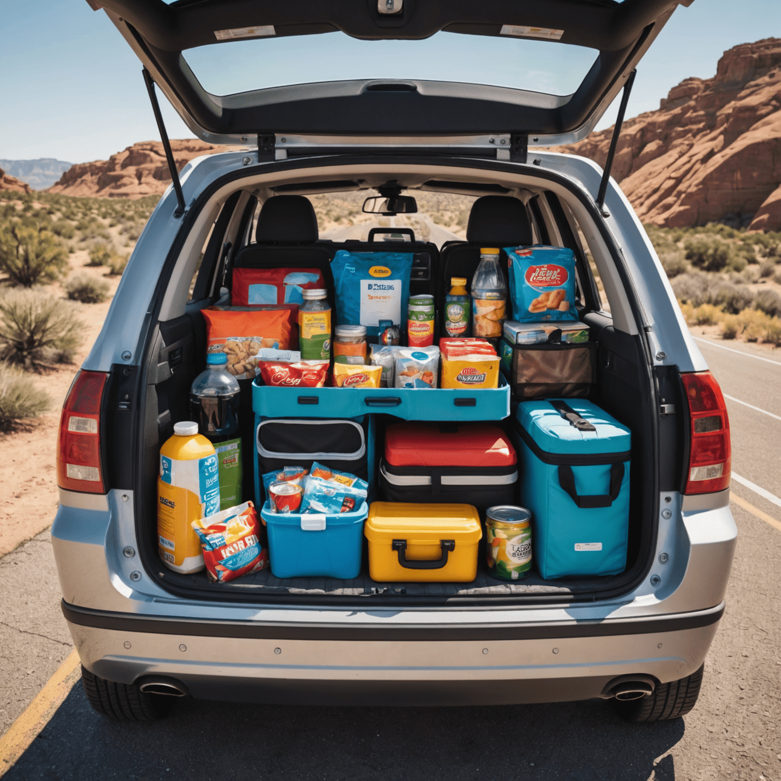 An open car trunk filled with various road trip essentials, such as a cooler, snacks, maps, and luggage.