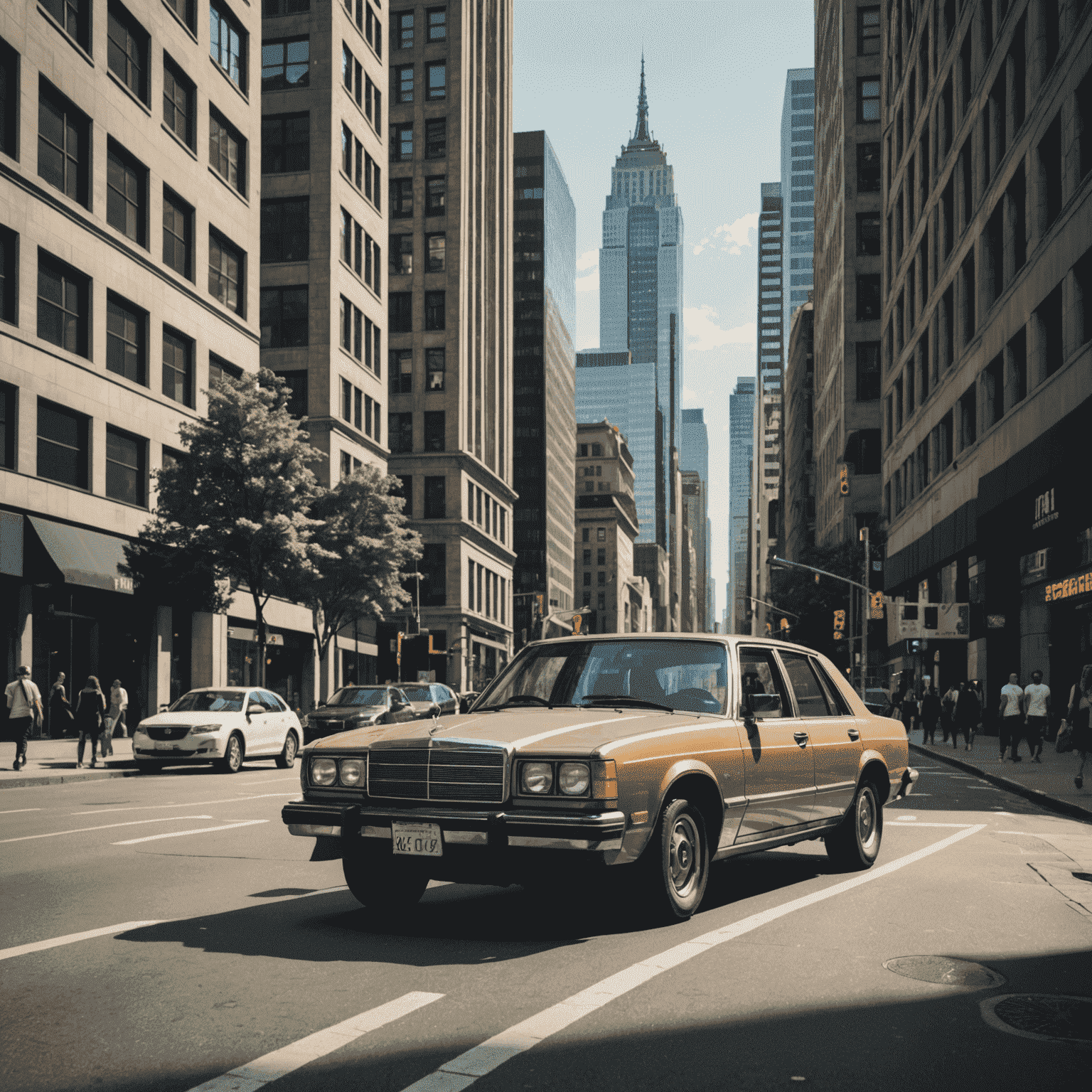 A car navigating through a busy city street with tall buildings