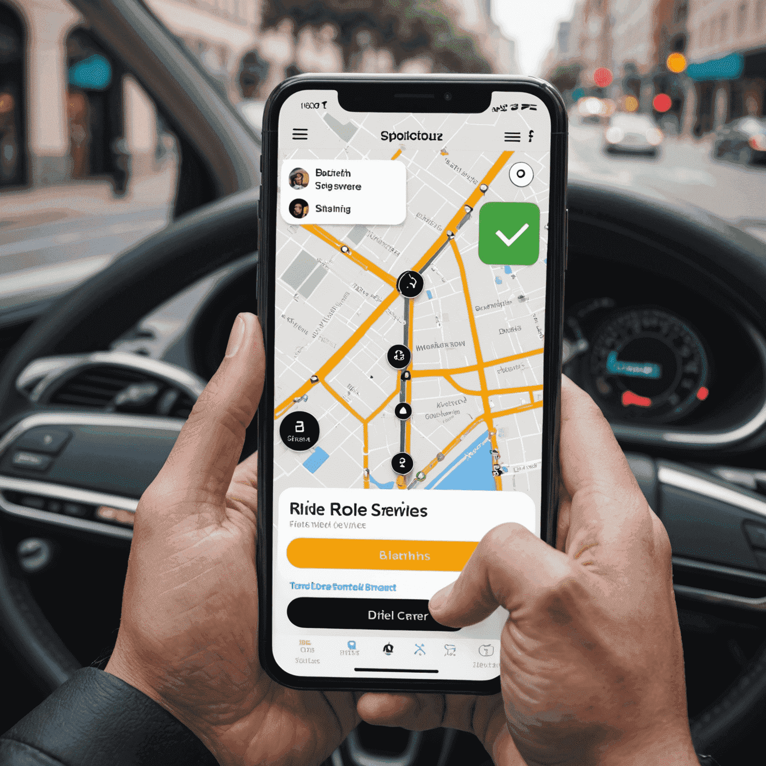 A person using a smartphone app to book a ride-sharing service